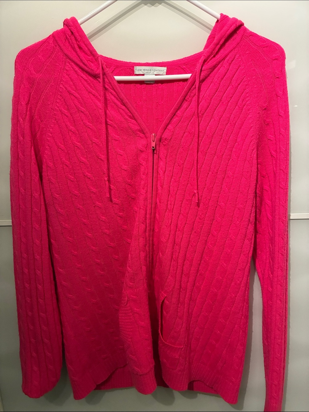 New York & Company Hot Pink Cable-Knit Hoodie Zip Cardigan